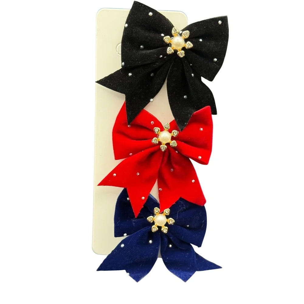 Kids 3 Pack Velvet Bow Hair Clips Pearl Rhinestone Black Red Navy Blue Set